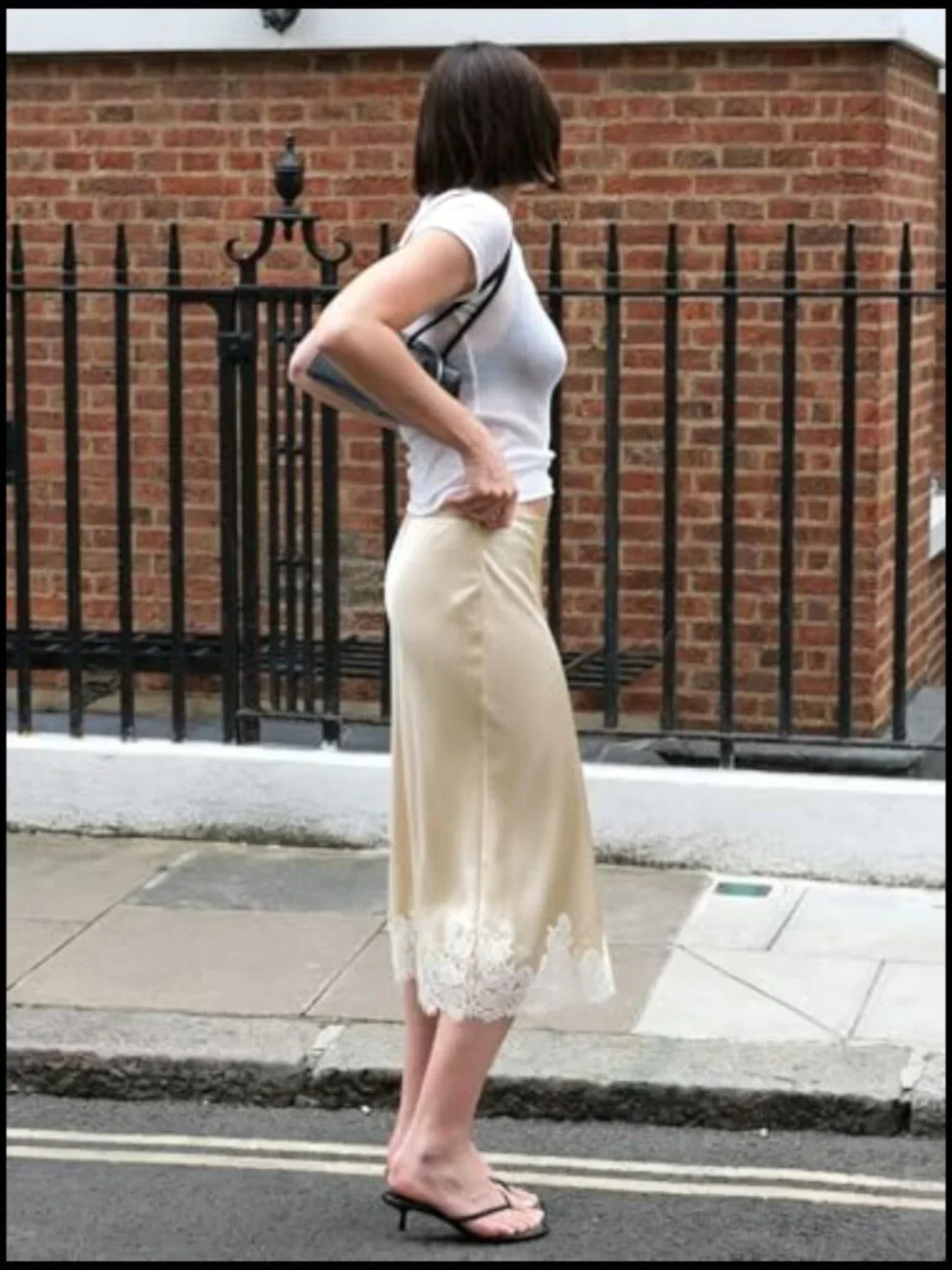 High Waist Satin Midi Skirt Lace Trim Flowy A Line Cocktail Party - Picture 3 of 6